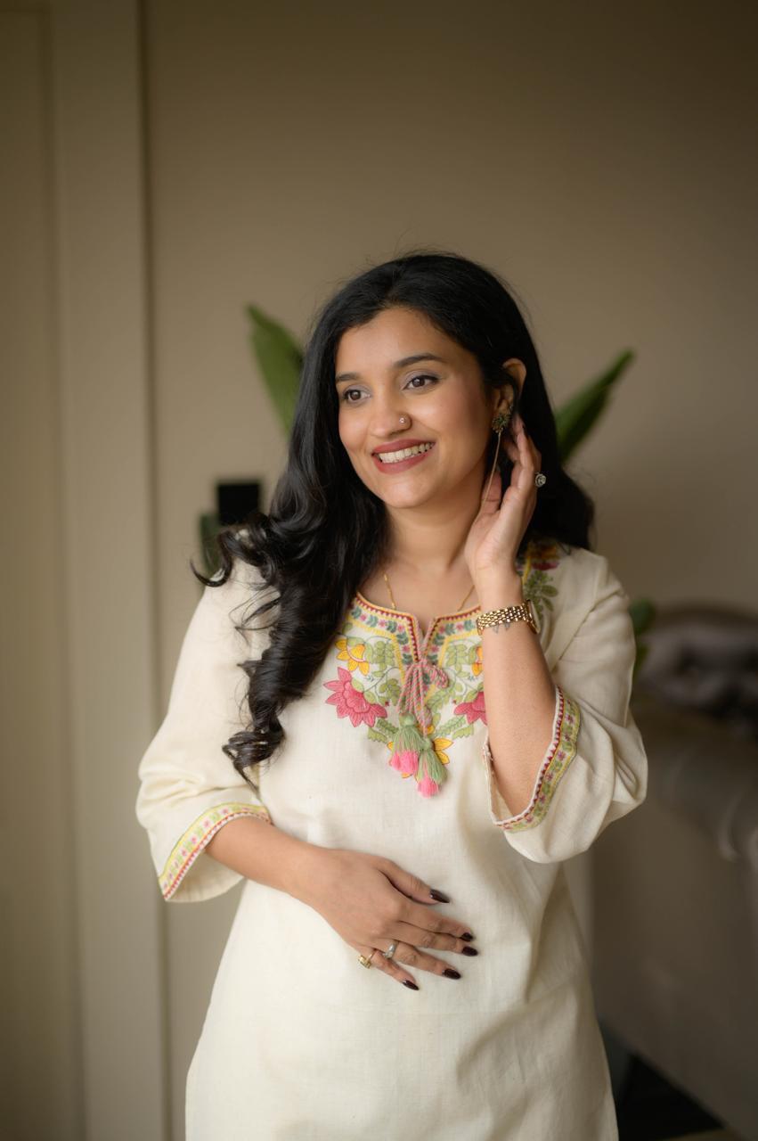 Stylish embroide co-ord set with tassel detailing and coordinated kurti and pant