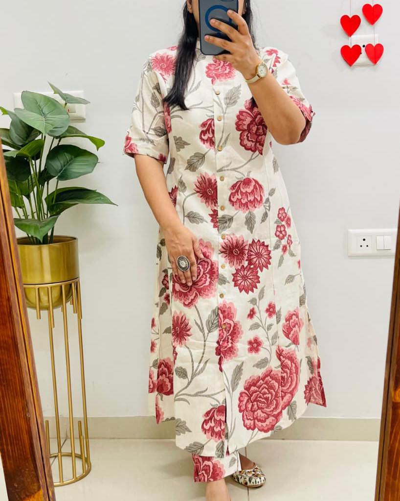 Women Floral Printed Pure Cotton A-Line Co-Ord Set with Ankle Length Pants