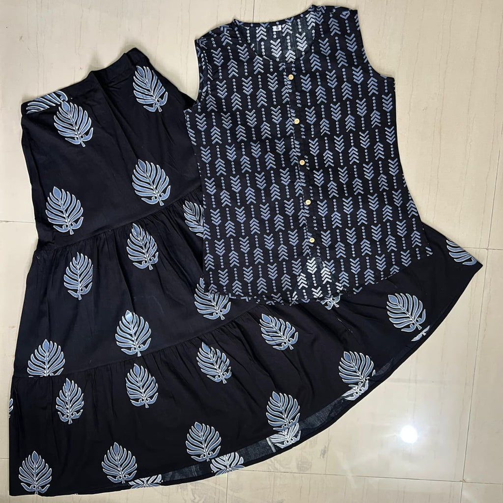 Women's Cotton Printed Sleeveless Top and Tiered Skirt Co-Ord Set