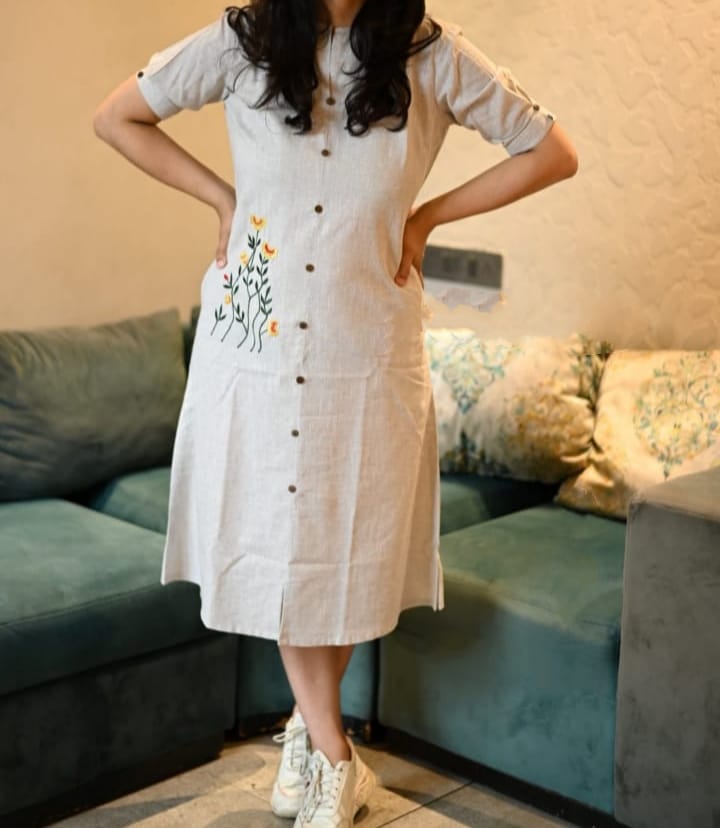 Off White Stylish Handloom Khadi Cotton Gown For Women