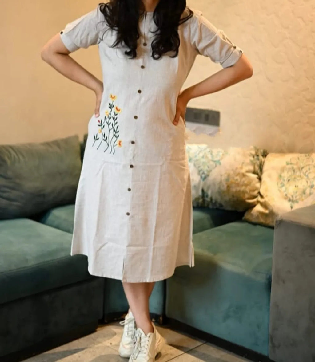 Off White Stylish Handloom Khadi Cotton Gown For Women