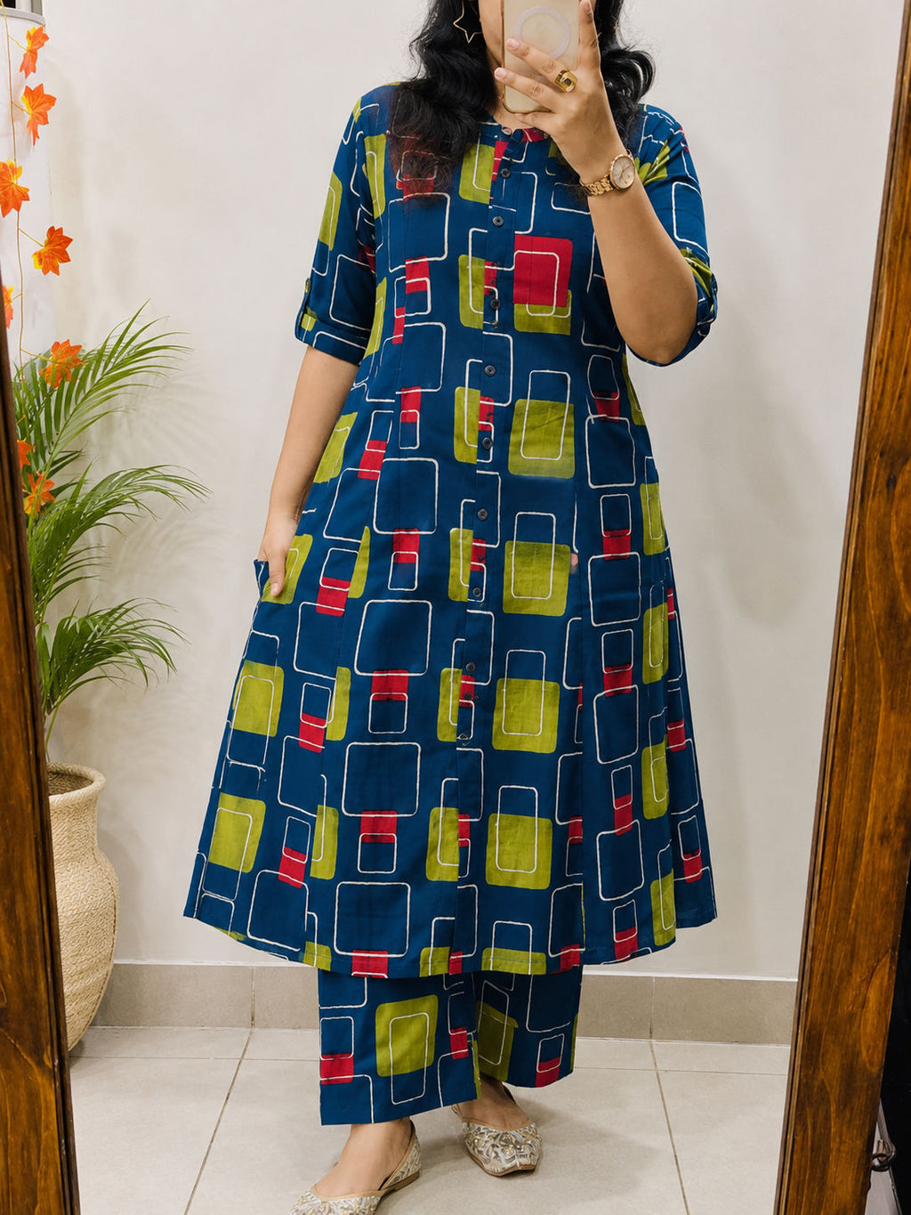Premium Women's Pure Cotton Geometric Printed A-Line Co-ord Set with Palazzo Pants