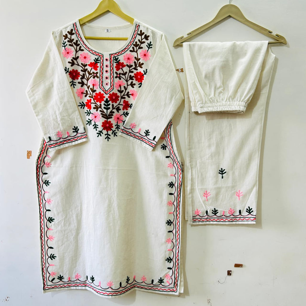 Women's Floral Aari Work Cotton Kurta Pant Set