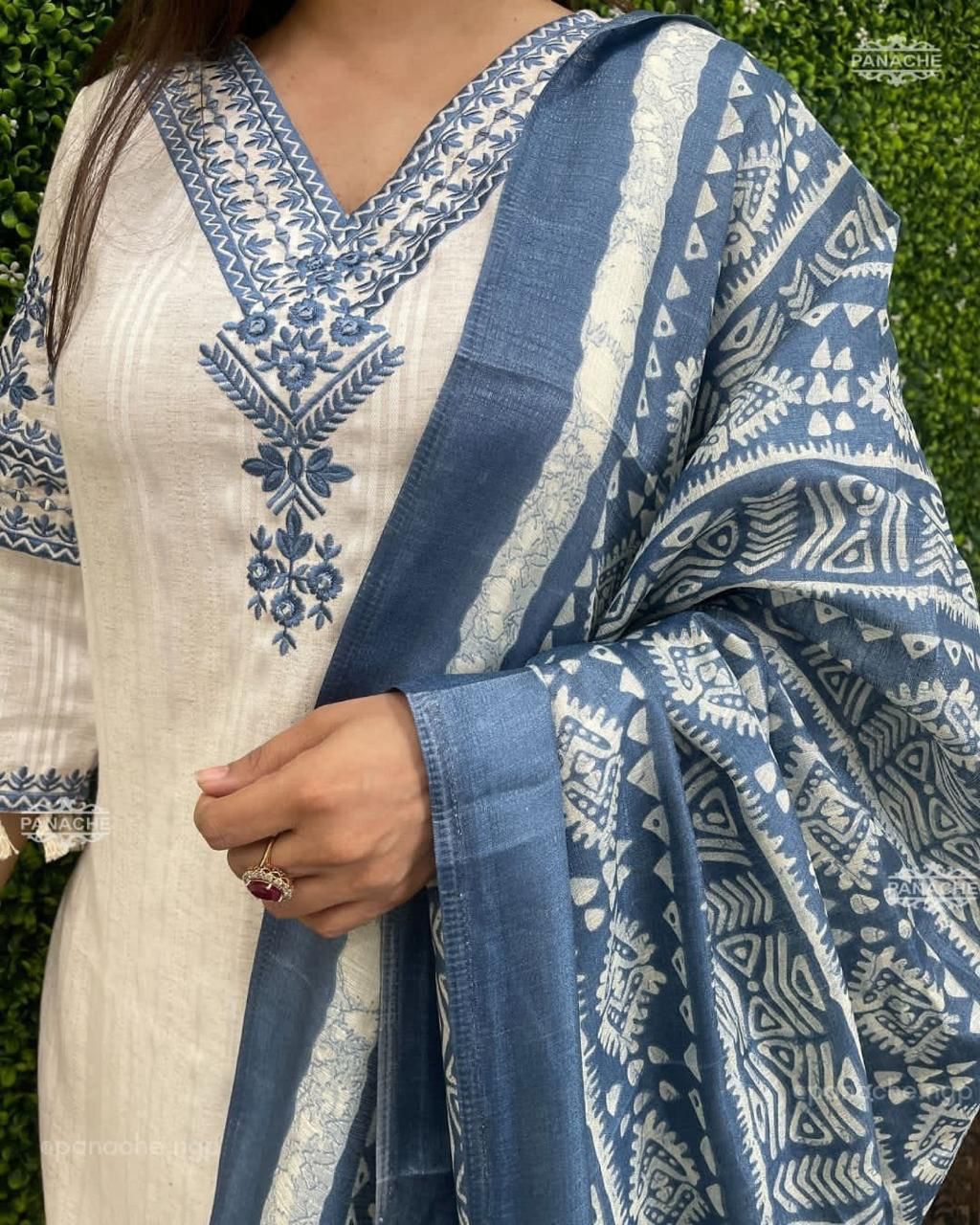 Blue Enchanting Pure Katha Cotton Kurti Set With Exquisite Embroidery & Silk Dupatta