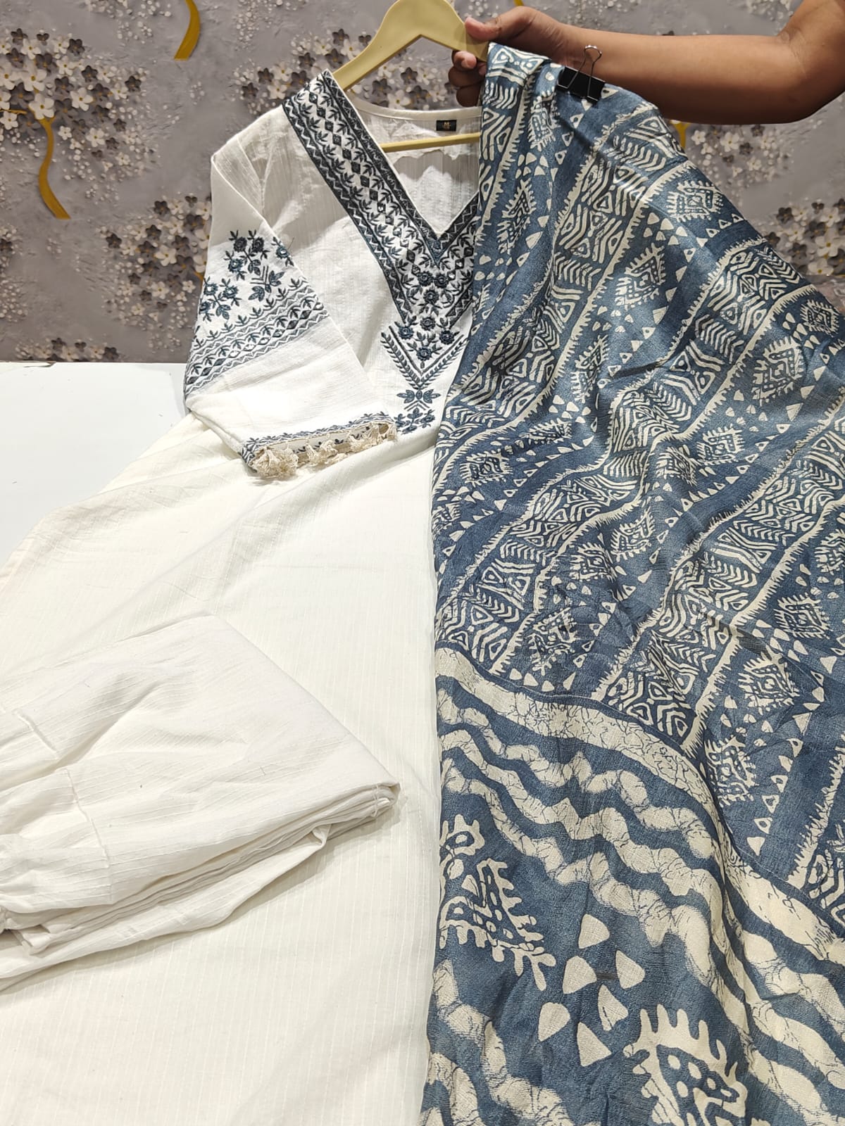 Blue Enchanting Pure Katha Cotton Kurti Set With Exquisite Embroidery & Silk Dupatta