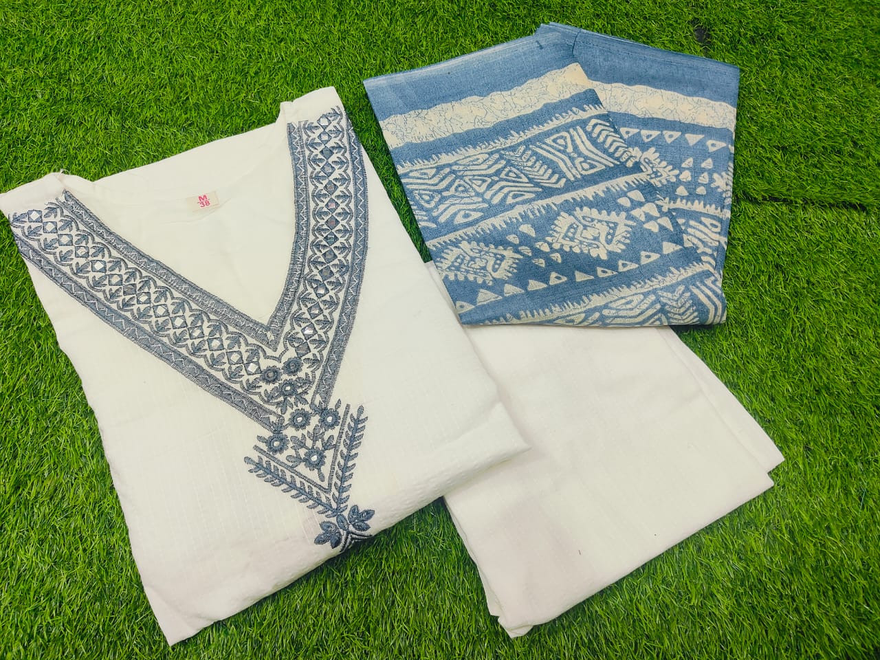Blue Enchanting Pure Katha Cotton Kurti Set With Exquisite Embroidery & Silk Dupatta