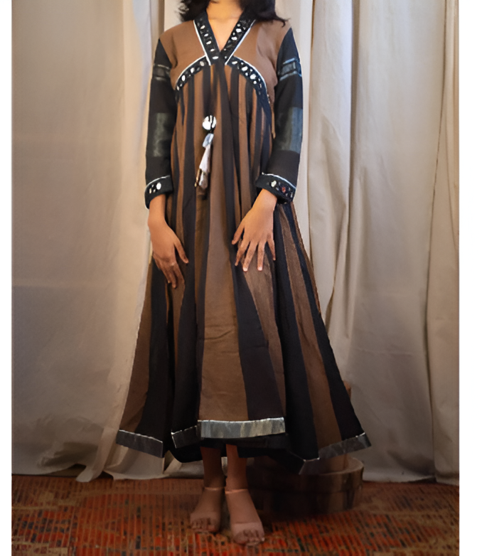 Black & Brown Jaipuri Block Print Anarkali Kurta With Mirror Work