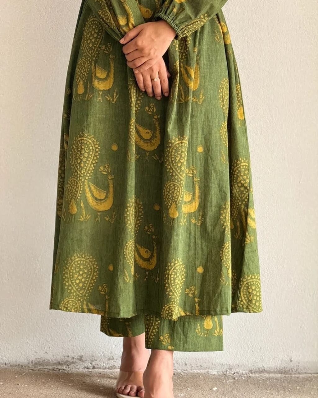 Premium Women's Pure Cotton Rajasthani Peacock Print Kaftan Style Kurti Pant Co-Ord Set