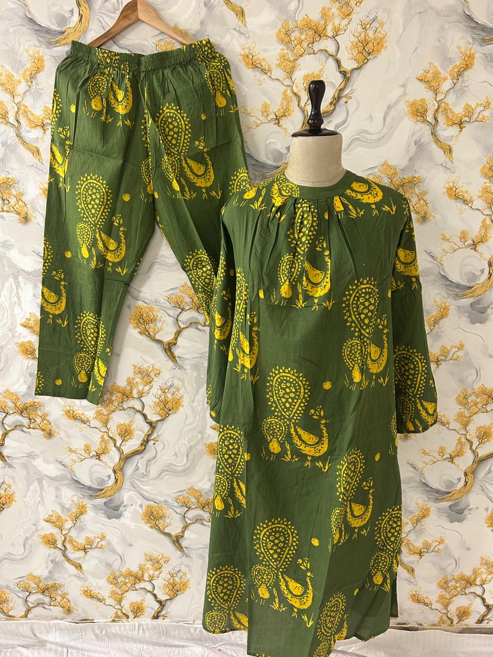 Premium Women's Pure Cotton Rajasthani Peacock Print Kaftan Style Kurti Pant Co-Ord Set