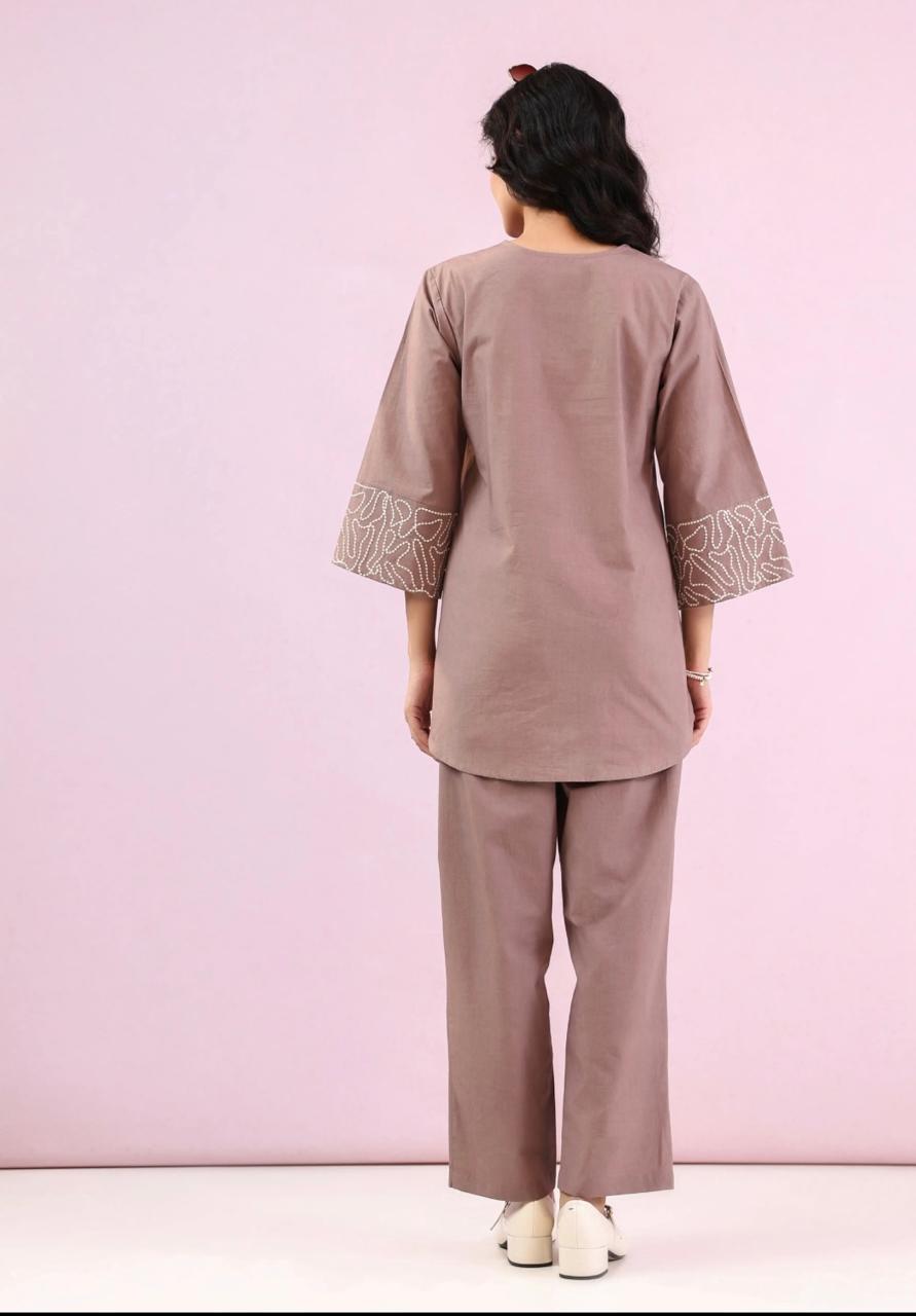Women Solid Cotton Flex Co Ord Set with Embroidered Sleeves