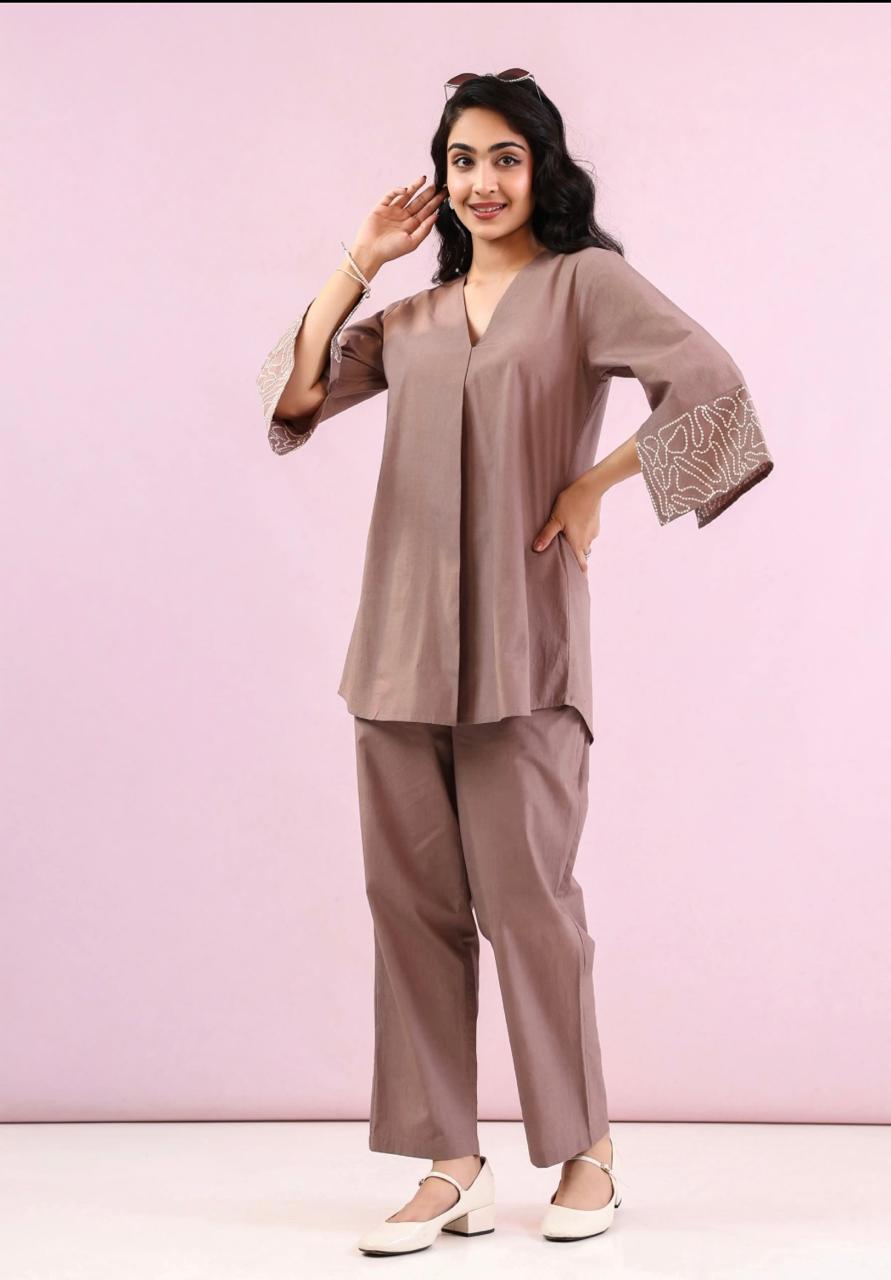 Women Solid Cotton Flex Co Ord Set with Embroidered Sleeves