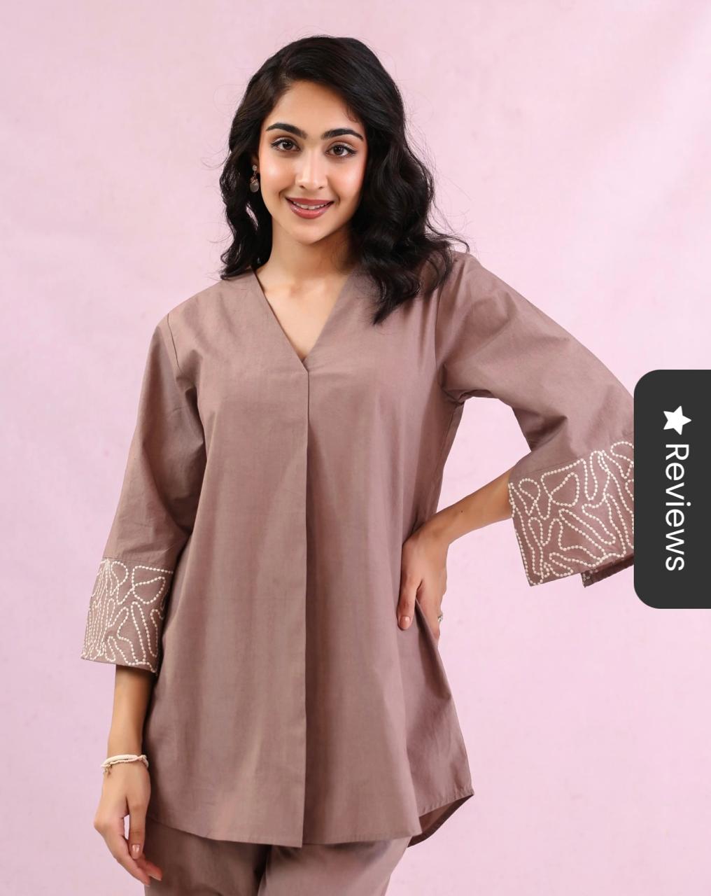Women Solid Cotton Flex Co Ord Set with Embroidered Sleeves