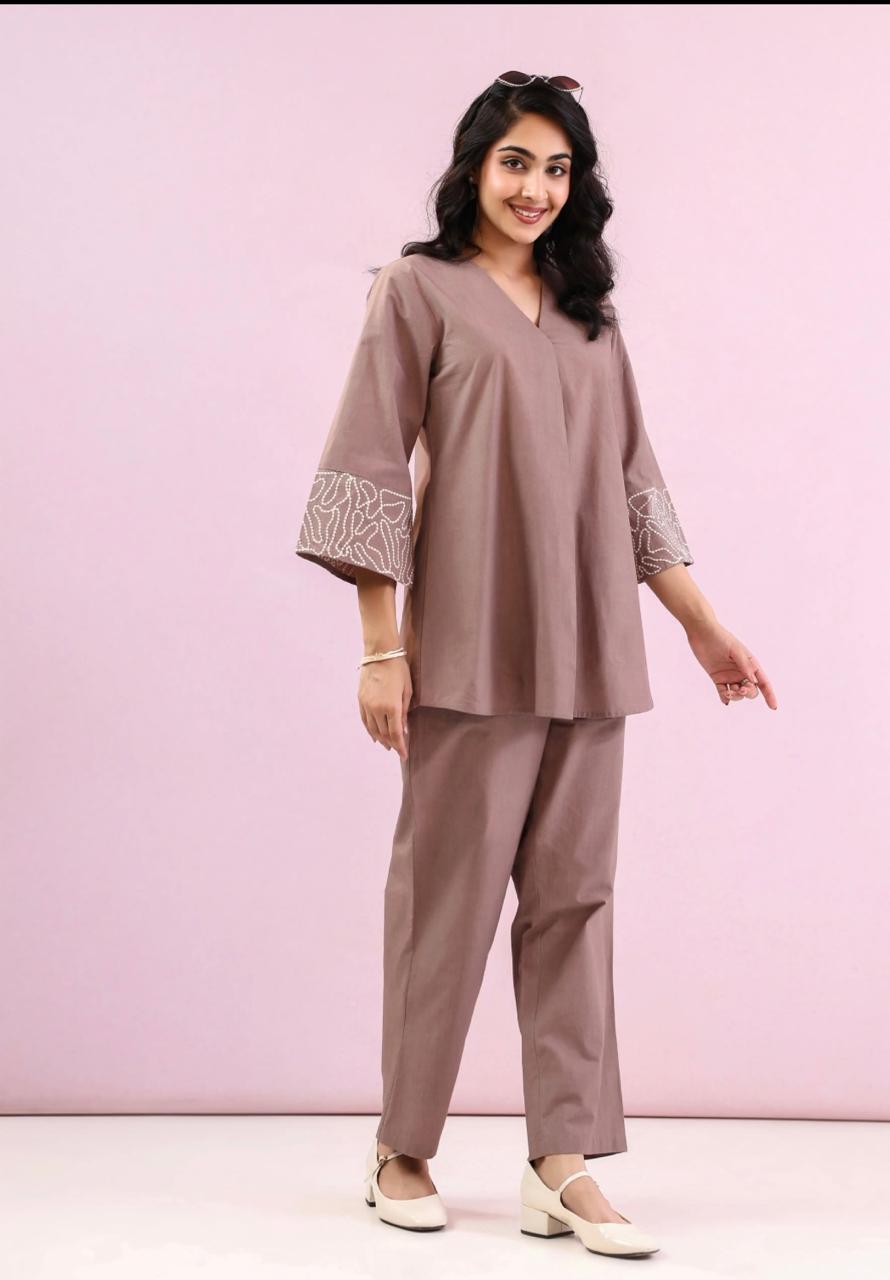 Women Solid Cotton Flex Co Ord Set with Embroidered Sleeves