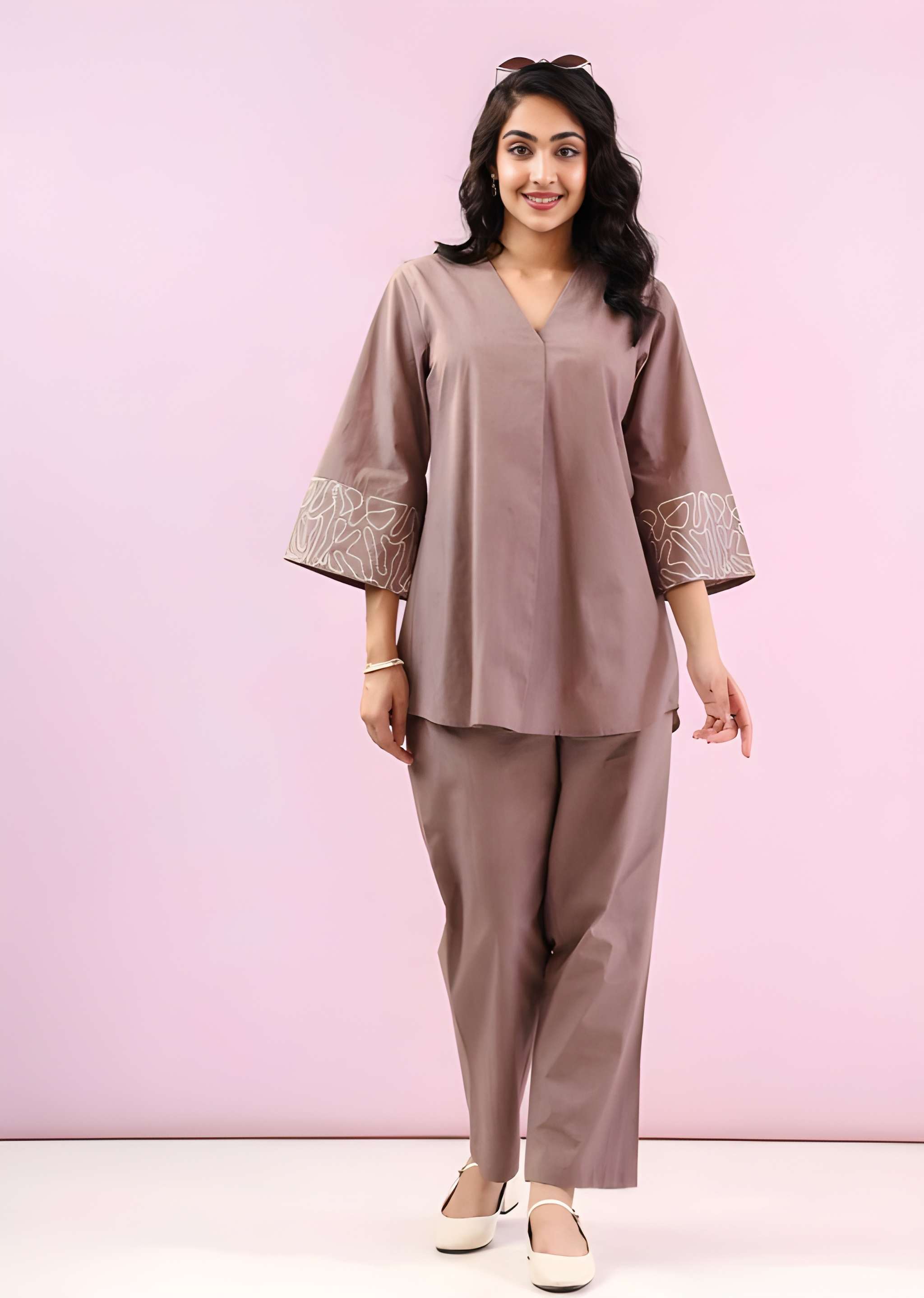 Women Solid Cotton Flex Co Ord Set with Embroidered Sleeves