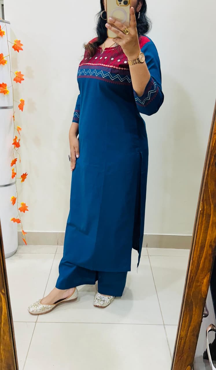 Designer Cotton Straight Kurta and Pant Set with Block Print Yoke — Everyday Ethnic Coord Ensemble