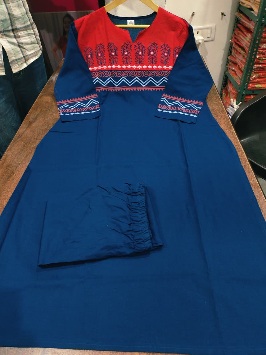 Designer Cotton Straight Kurta and Pant Set with Block Print Yoke — Everyday Ethnic Coord Ensemble