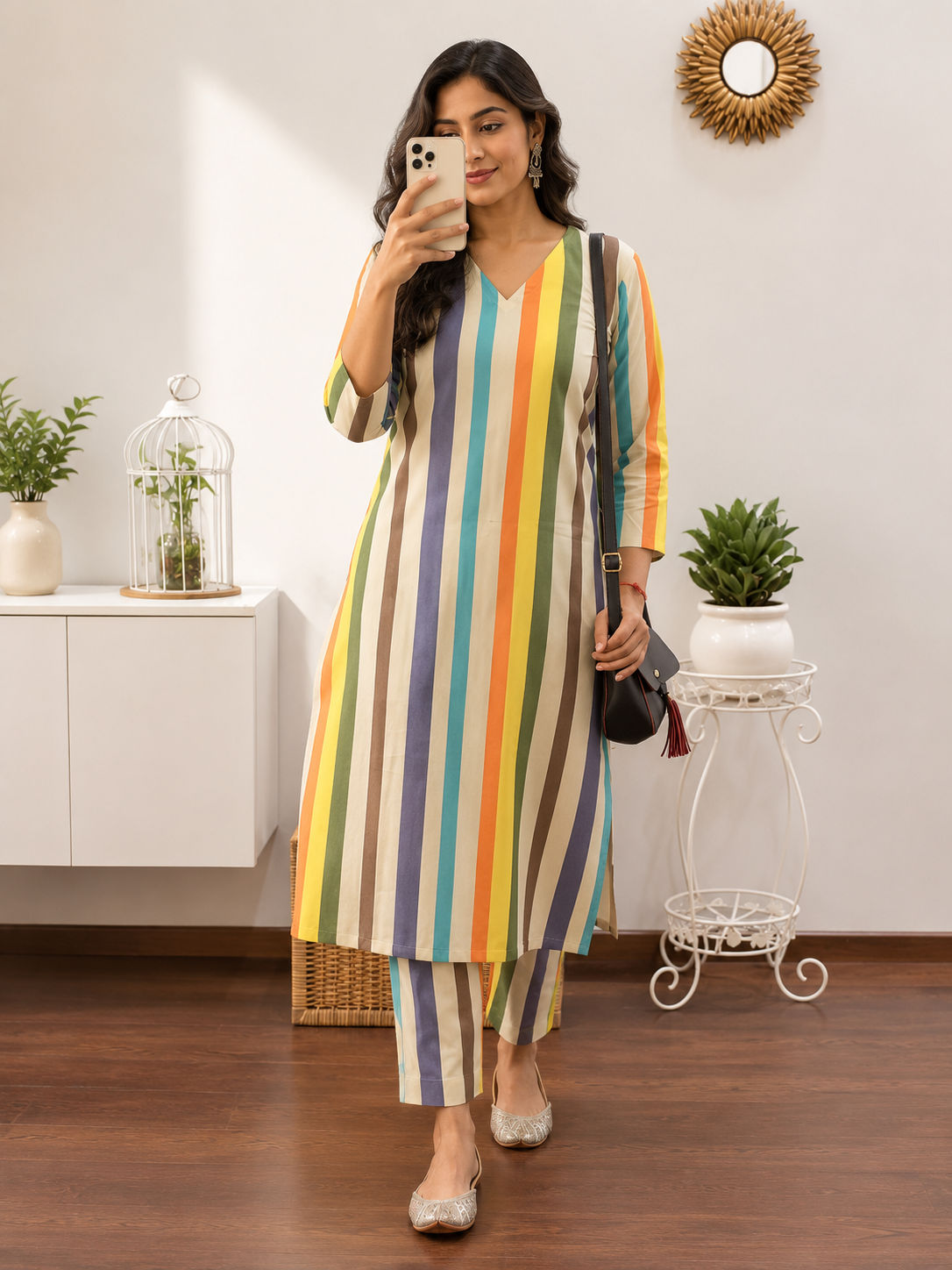 Premium Women's Cotton Vertical Striped Co-ord Set with V-Neck Kurta & Straight Pants