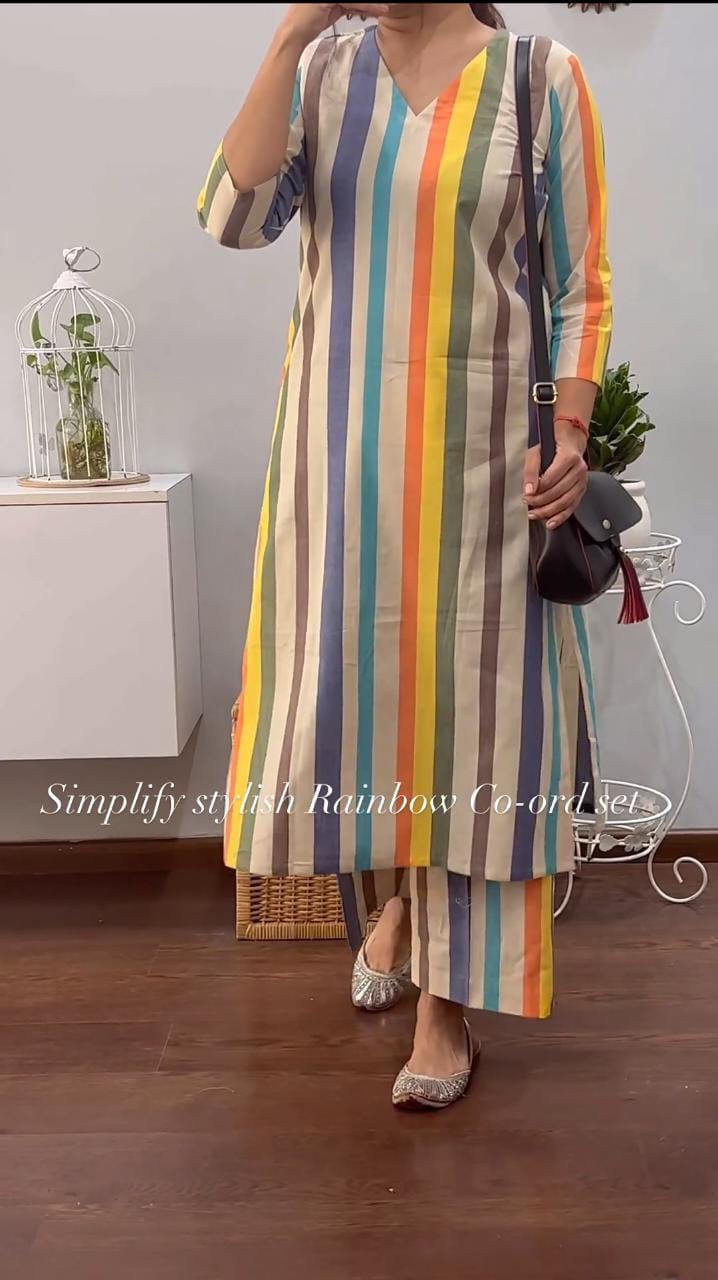 Premium Women's Cotton Vertical Striped Co-ord Set with V-Neck Kurta & Straight Pants