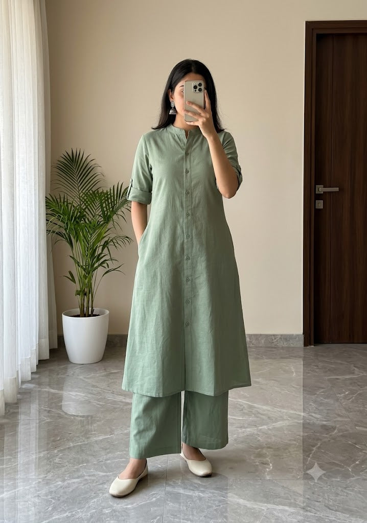Women's A-Line Cotton Kurti Palazzo Set with Katha Work