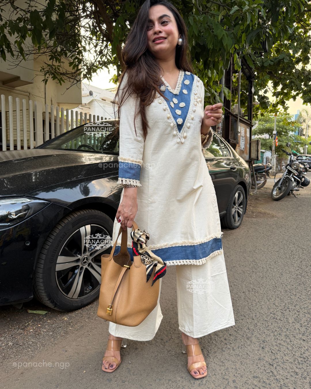 Women's Cotton Kurti Palazzo Co-Ord Set with Lace Detail