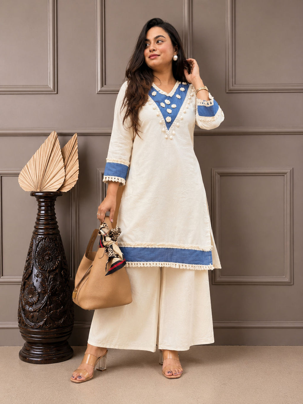 Women's Cotton Kurti Palazzo Co-Ord Set with Lace Detail