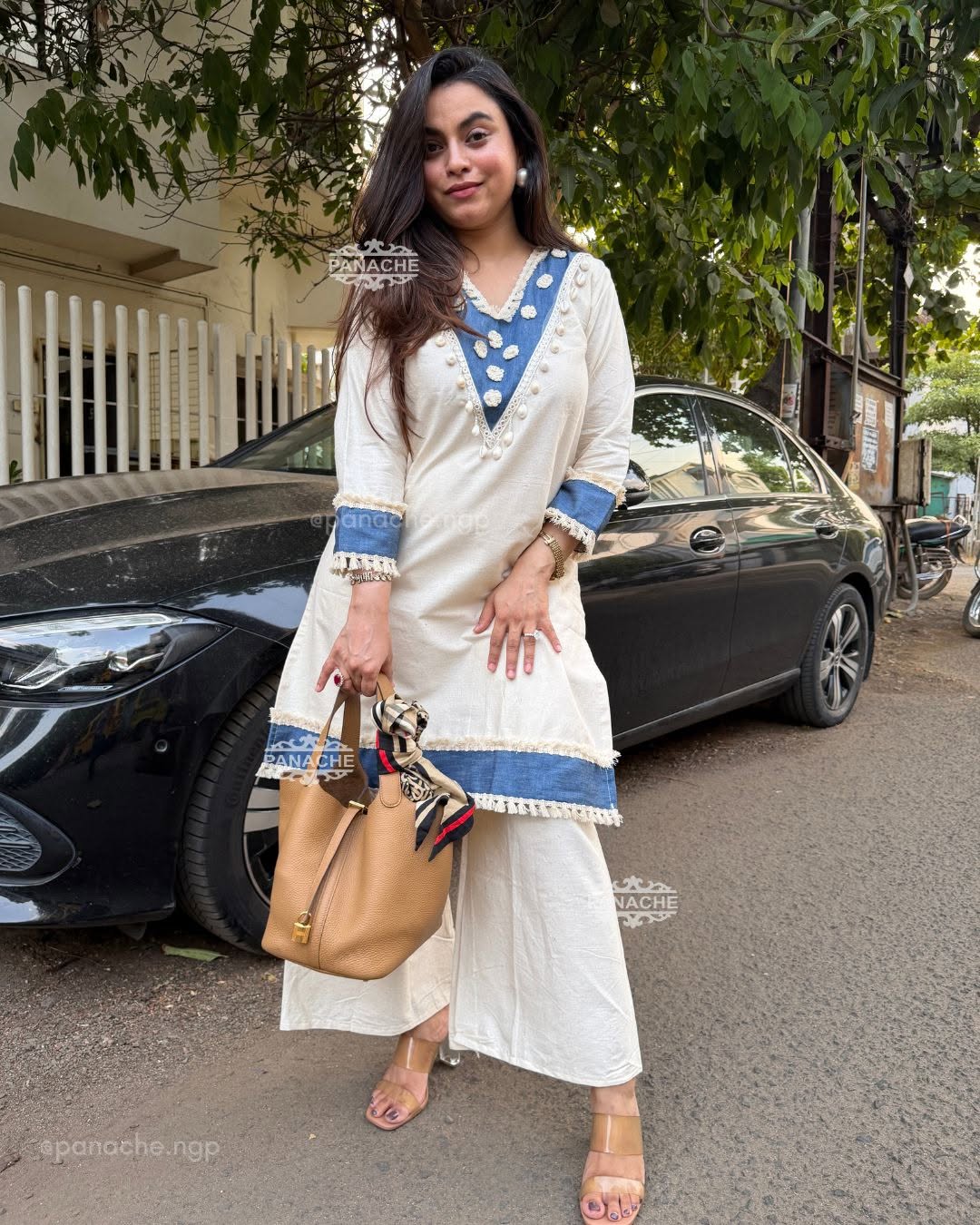 Women's Cotton Kurti Palazzo Co-Ord Set with Lace Detail