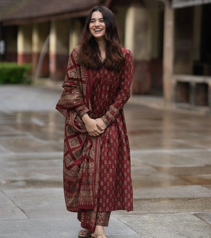Premium fine cotton suit set with intricate yoke detailing and elegant ethnic craftsmanship