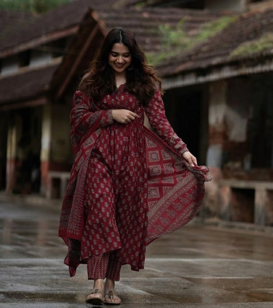 Premium fine cotton suit set with intricate yoke detailing and elegant ethnic craftsmanship