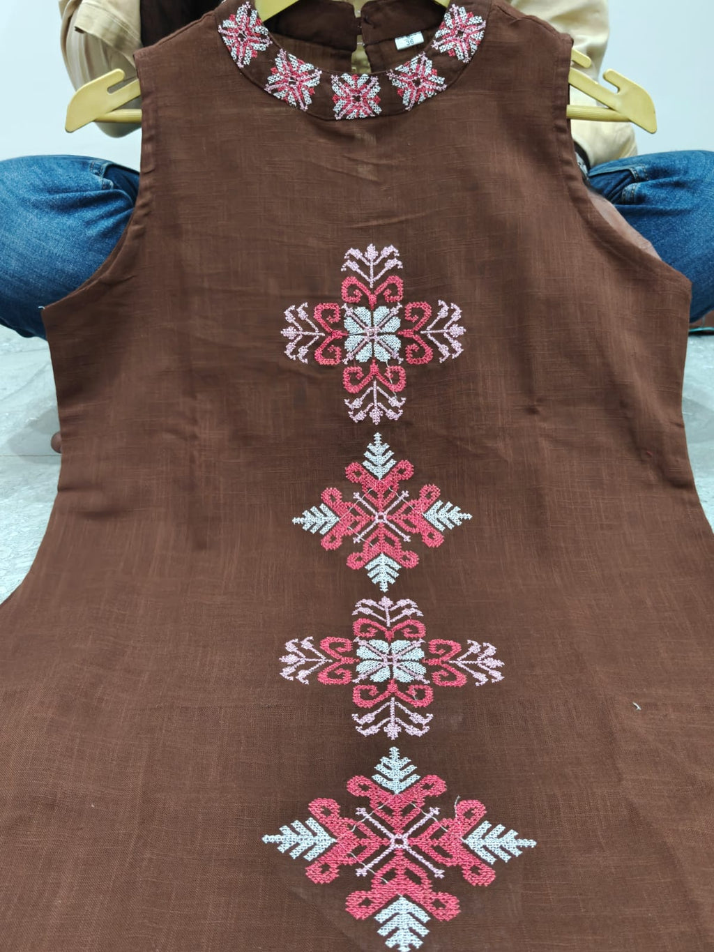 Handloom Cotton A-Line Kurti and Pant Co-Ord Set with Embroidered Halter Neck