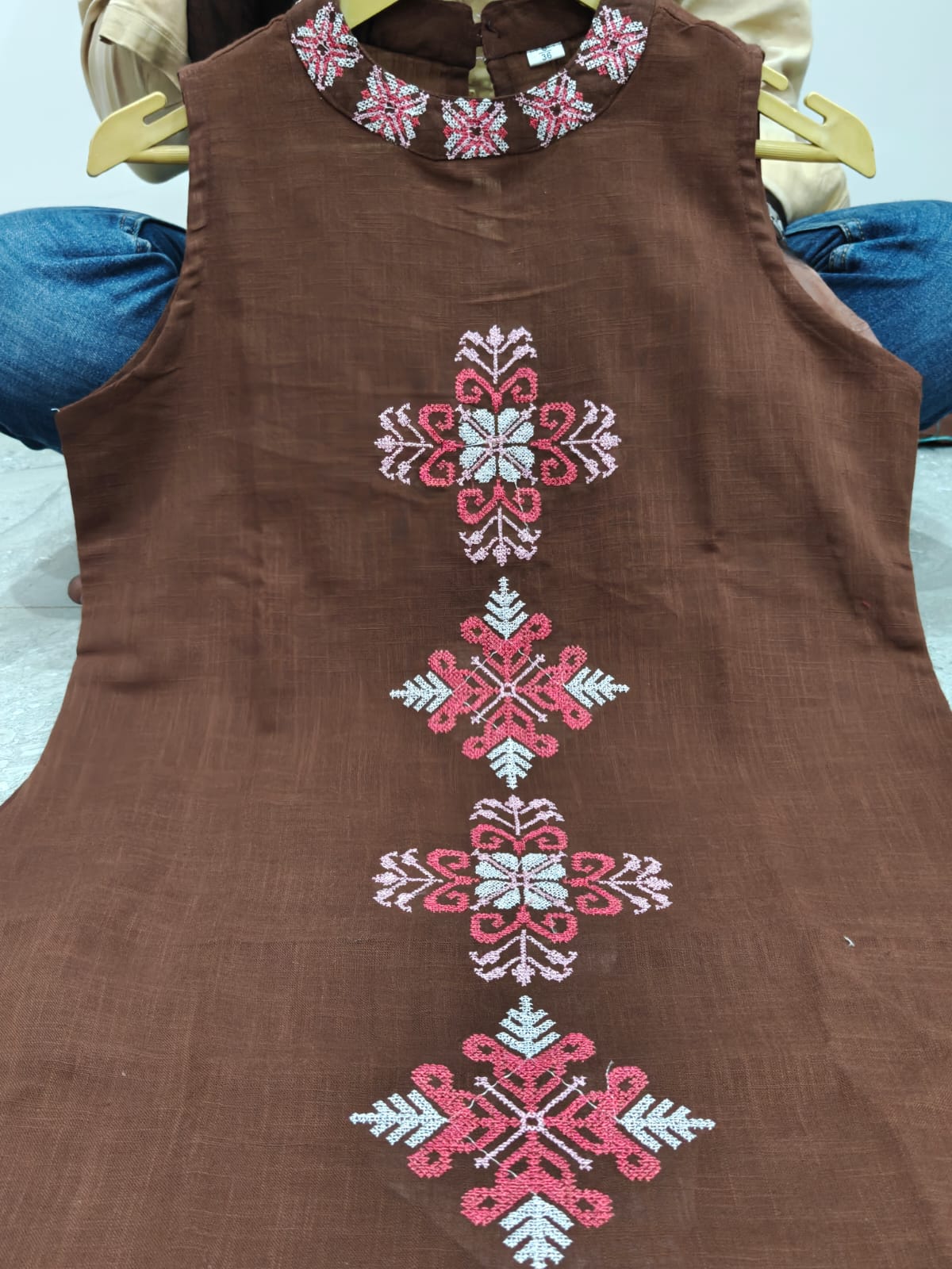 Handloom Cotton A-Line Kurti and Pant Co-Ord Set with Embroidered Halter Neck