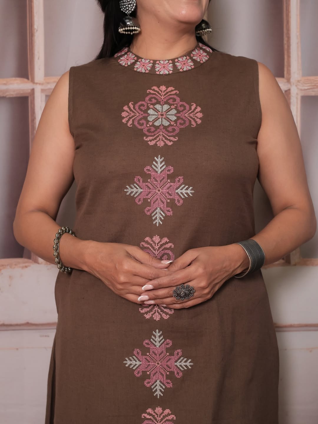 Handloom Cotton A-Line Kurti and Pant Co-Ord Set with Embroidered Halter Neck