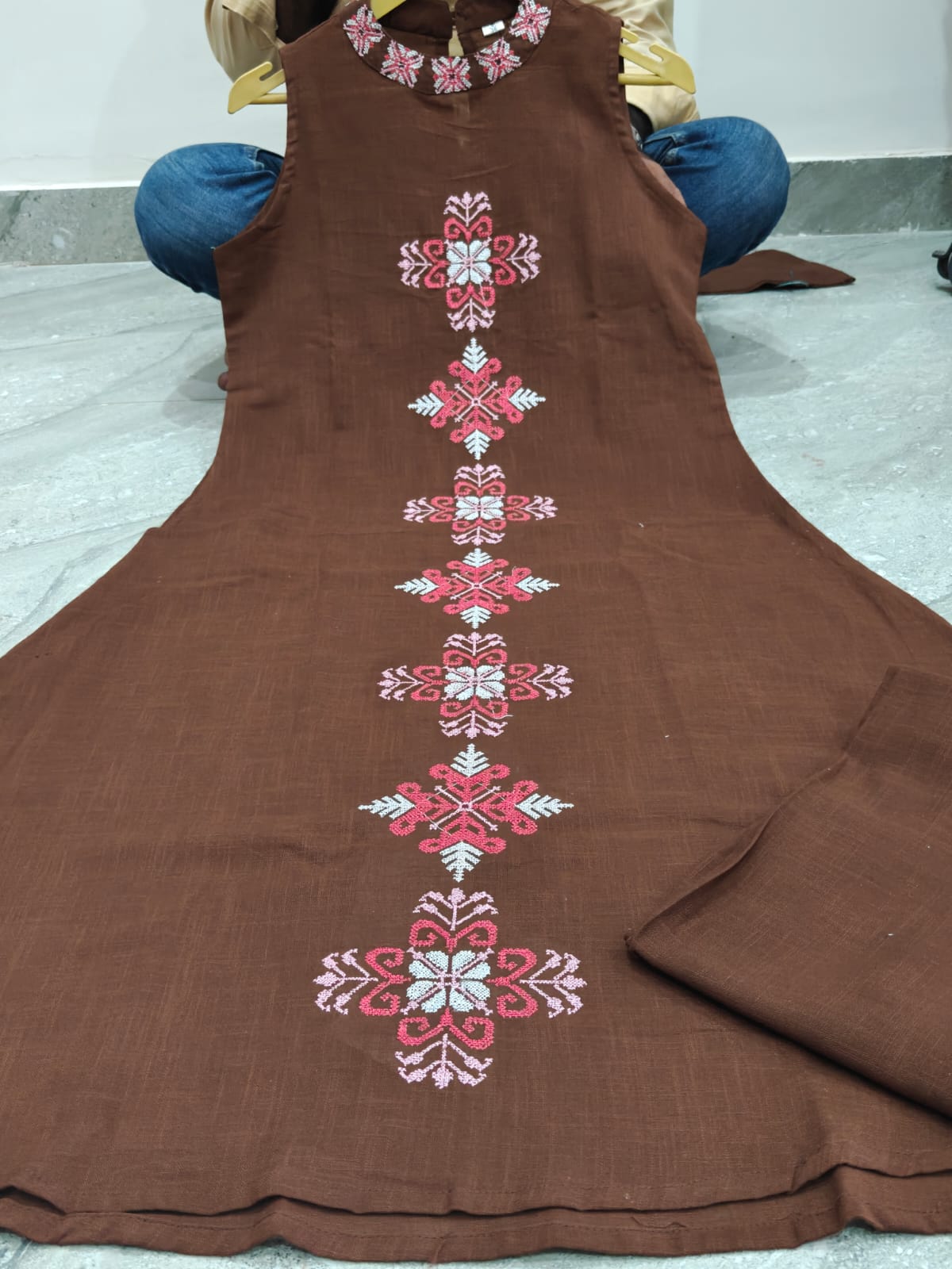 Handloom Cotton A-Line Kurti and Pant Co-Ord Set with Embroidered Halter Neck