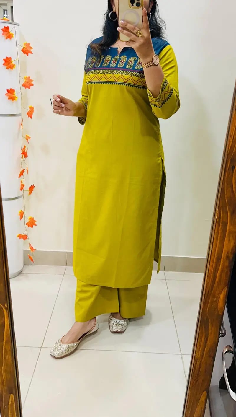 Designer Cotton Straight Kurta and Pant Set with Block Print Yoke — Everyday Ethnic Coord Ensemble