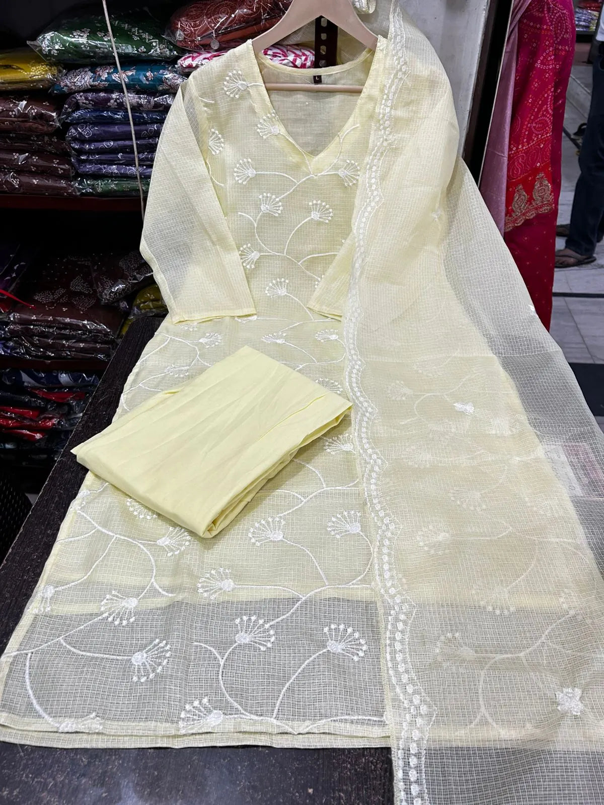Women Premium Embroidered Kota Doriya Kurta Set with Cotton Lining Pants and Dupatta Ethnic Three Piece Suit