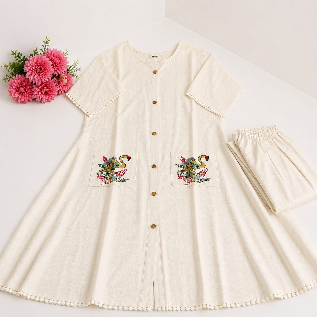 Premium Women's Cotton Flex Hand Embroidered Pocket A-Line Co-ord Set with Straight Pants