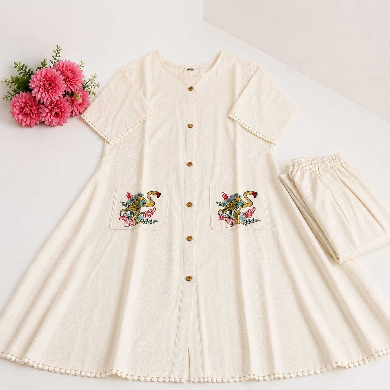 Premium Women's Cotton Flex Hand Embroidered Pocket A-Line Co-ord Set with Straight Pants