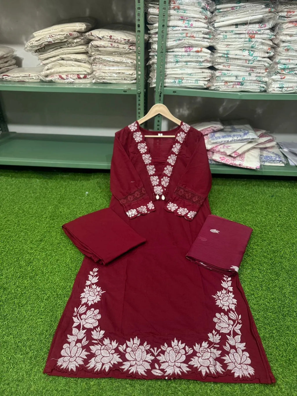 Designer Cotton Embroidered Kurta Set with Dupatta – Red