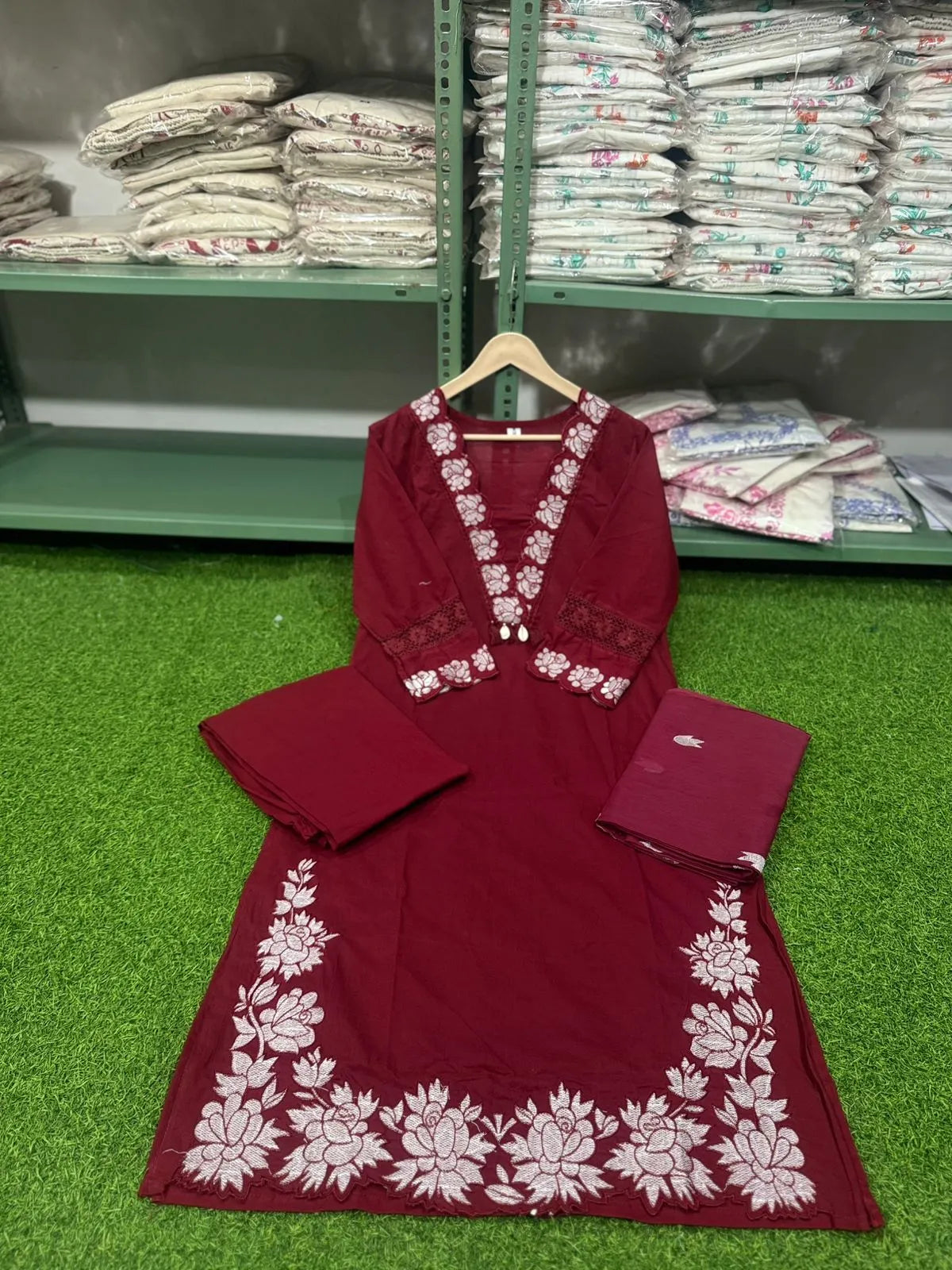 Designer Cotton Embroidered Kurta Set with Dupatta – Red