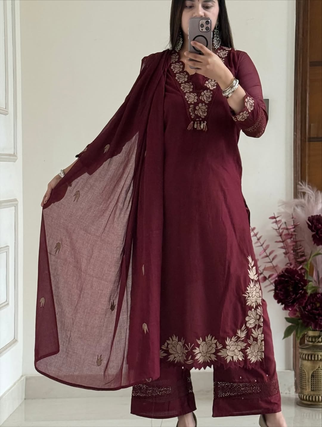 Designer Cotton Embroidered Kurta Set with Dupatta – Red
