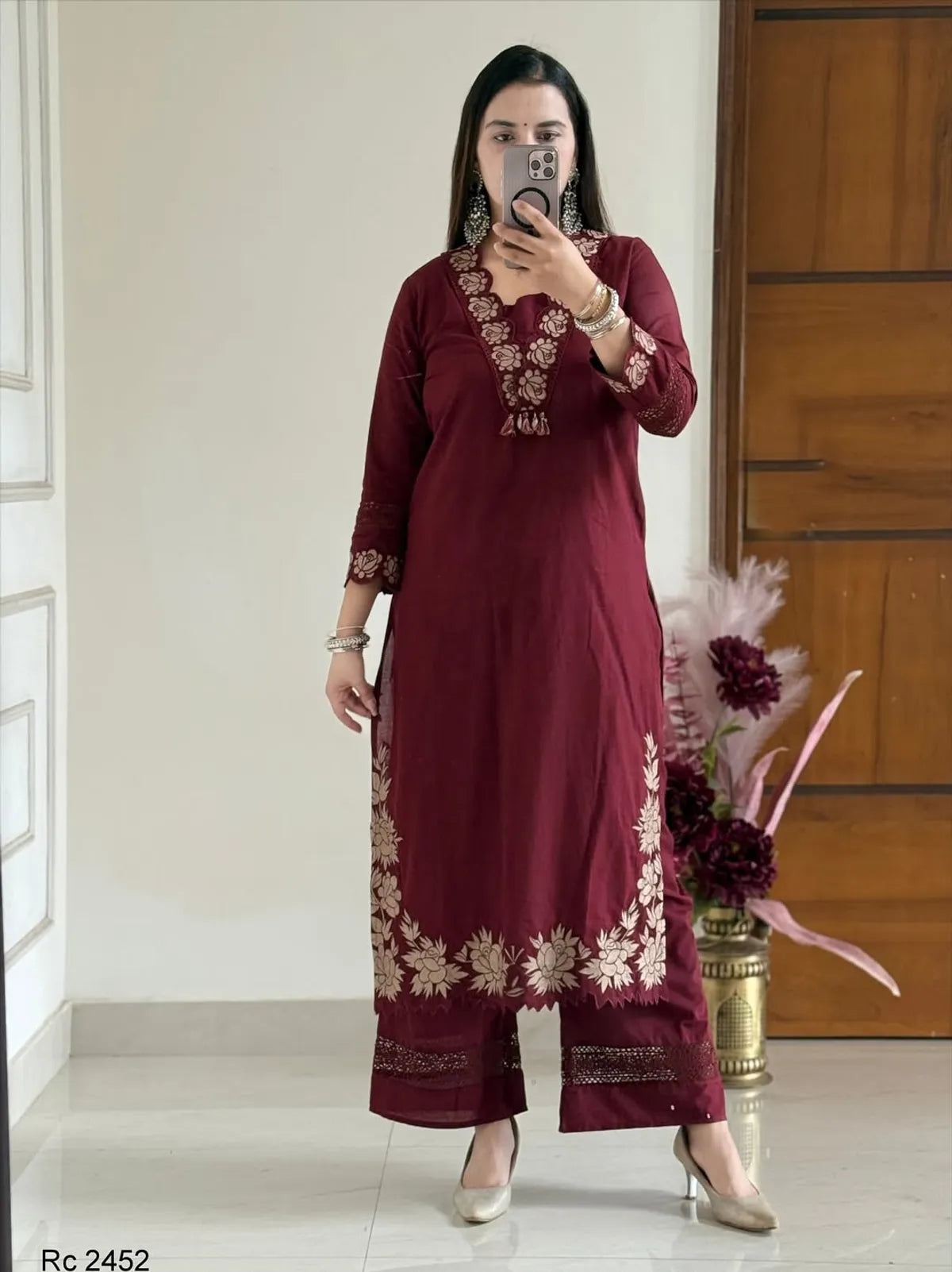 Designer Cotton Embroidered Kurta Set with Dupatta – Red
