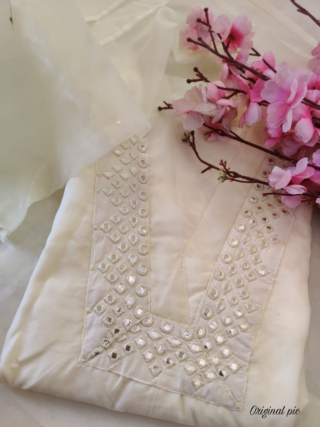 Off-White Chanderi Suit With Foil Mirror Embroidery Work