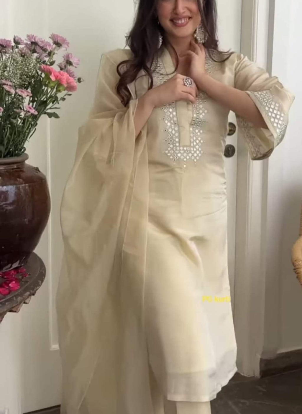 Off-White Chanderi Suit With Foil Mirror Embroidery Work