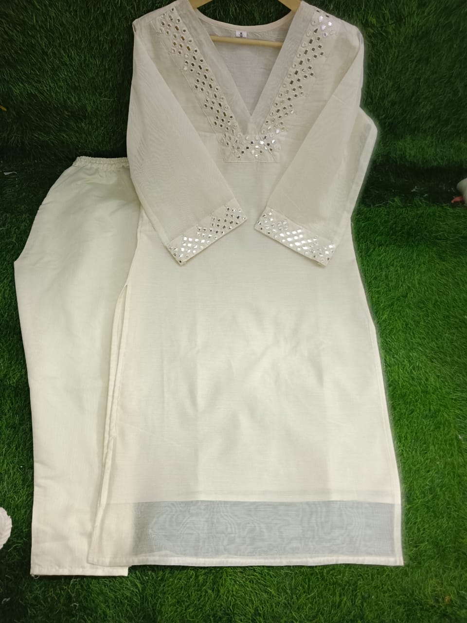 Off-White Chanderi Suit With Foil Mirror Embroidery Work