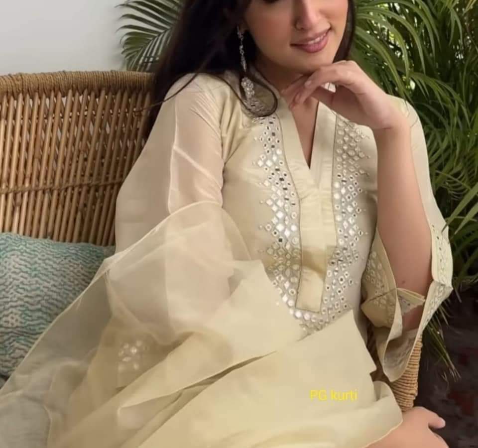 Off-White Chanderi Suit With Foil Mirror Embroidery Work