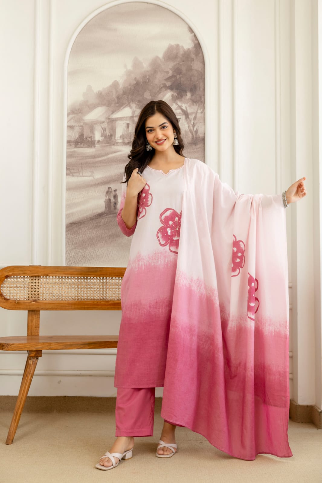 Women Premium Pure Cotton Kurta Set with Pants and Printed Dupatta Tie Dye Ethnic Three Piece Suit