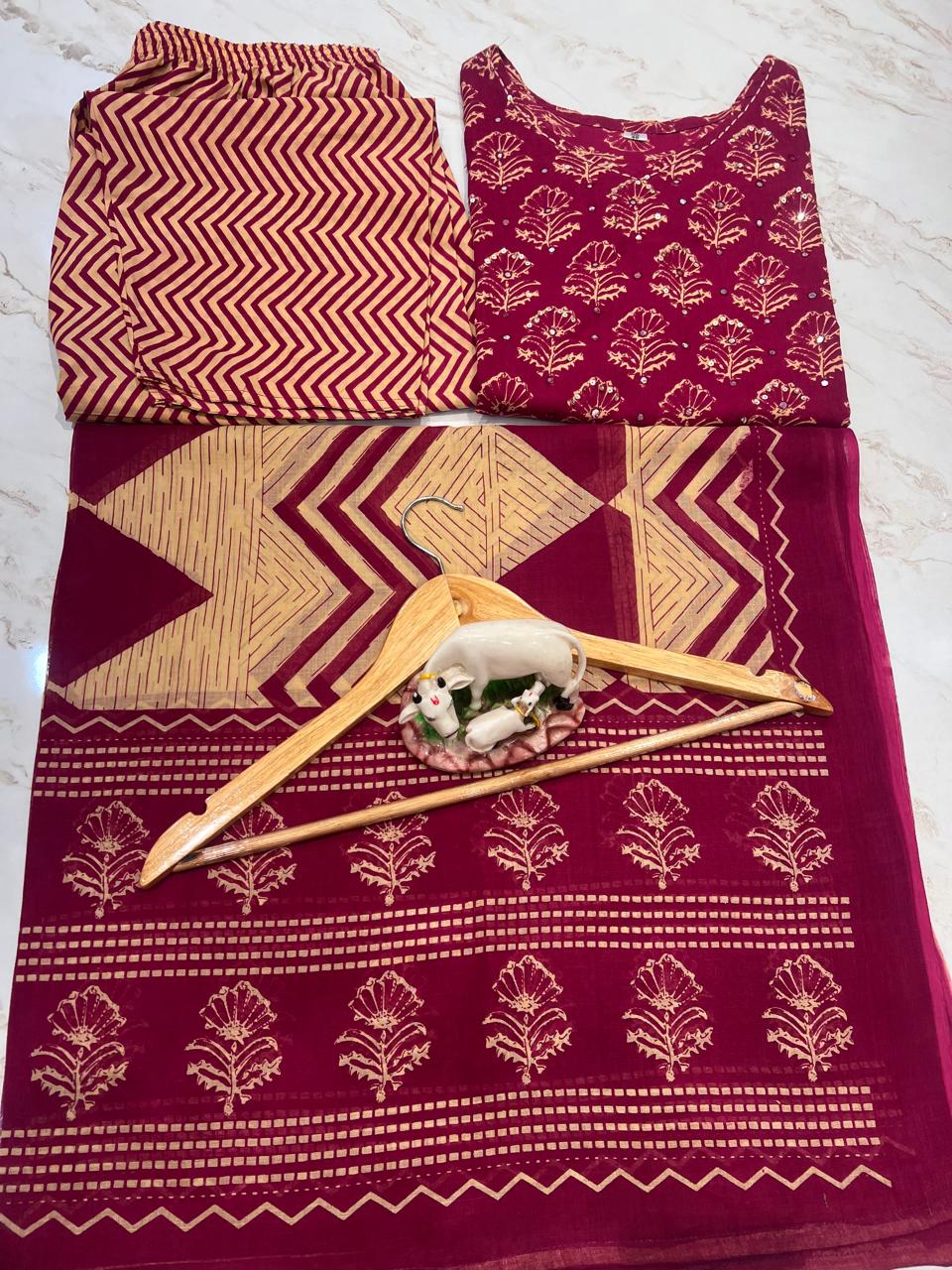 Premium cotton straight kurti set with intricate Jaipuri print and hand-crafted detailing