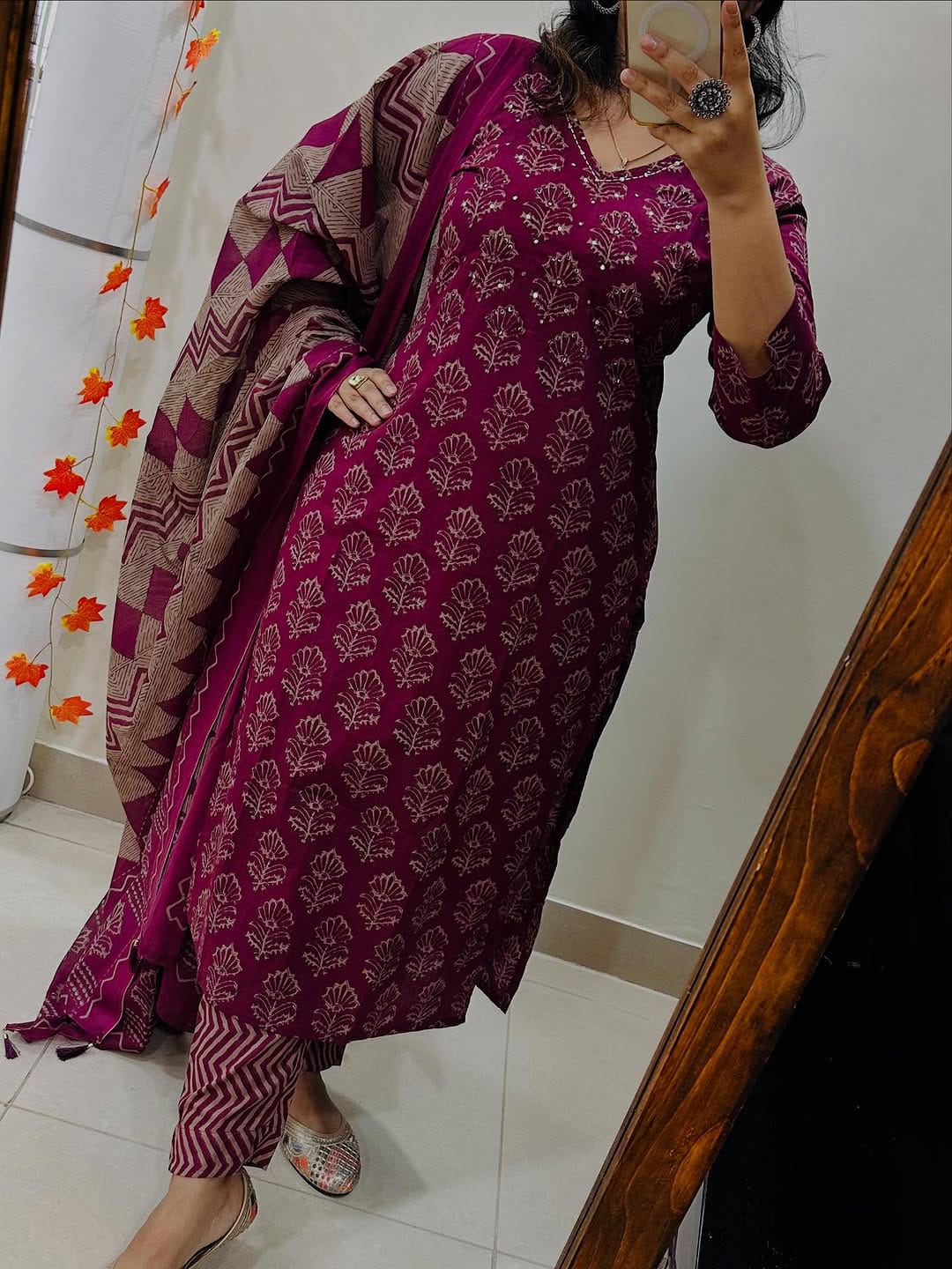 Premium cotton straight kurti set with intricate Jaipuri print and hand-crafted detailing