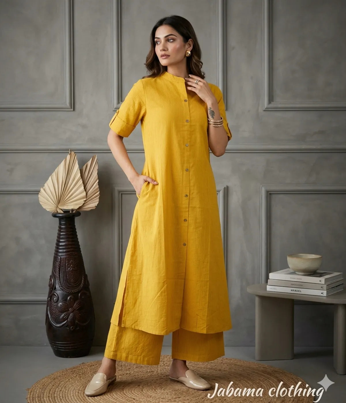Women's A-Line Cotton Kurti Palazzo Set with Katha Work