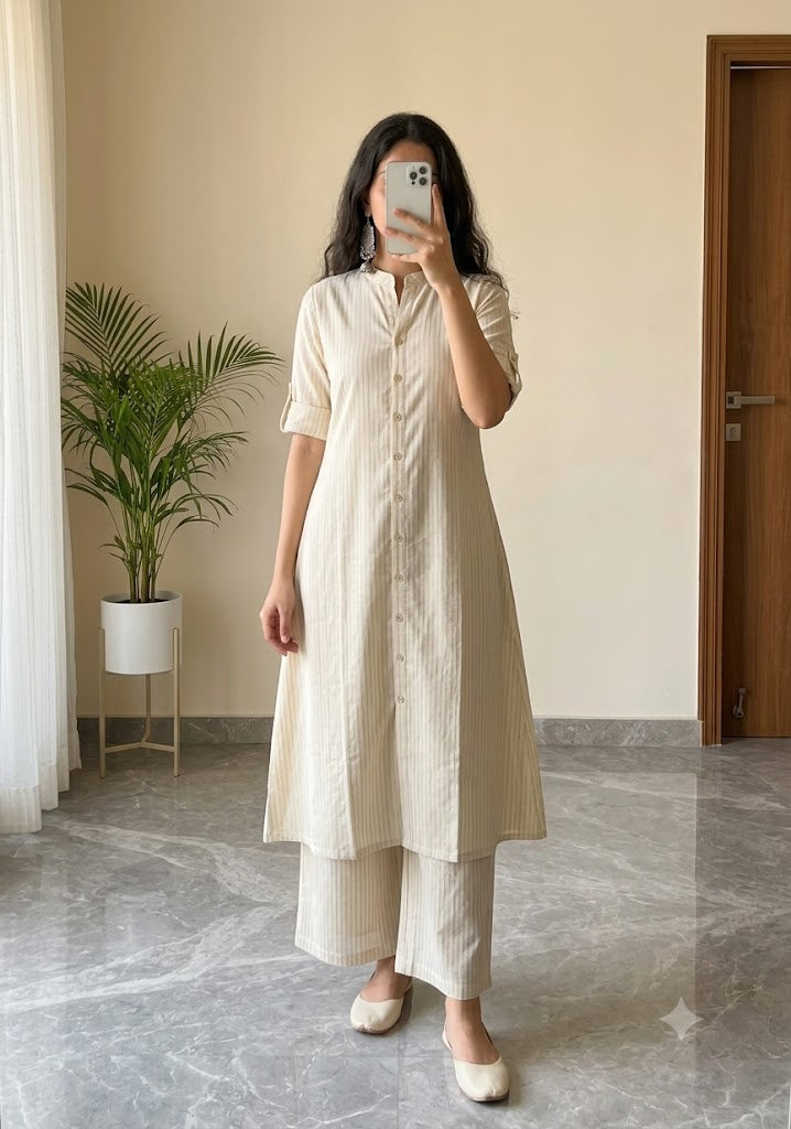 Women's A-Line Cotton Kurti Palazzo Set with Katha Work