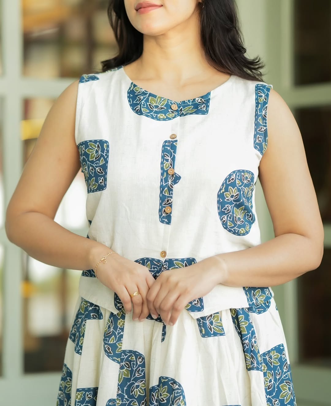 Women Premium Cotton Co-Ord Set Sleeveless Button Detail Top with Printed Flared Skirt Elegant Ethnic Fusion Wear